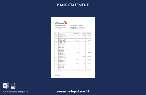modello Excel di estratto conto bancario Bahrain Al Baraka in stile verificato